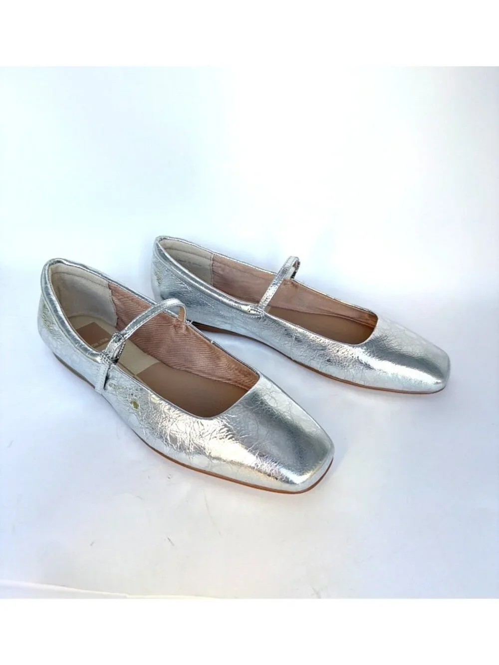 Dolce Vita Reyes Silver Distressed Leather Mary Jane Square-Toe Flats Size 8.5